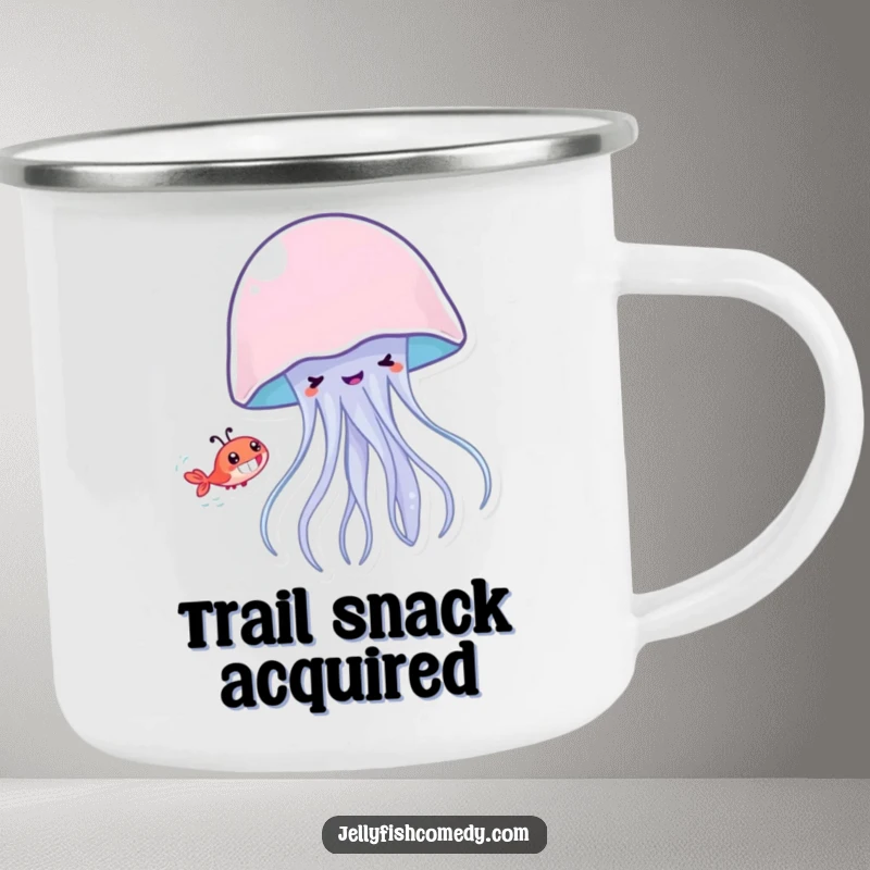 Funny jellyfish grinning while chasing a tiny shrimp, durable camping mug for outdoor trips and humorous enjoyment.