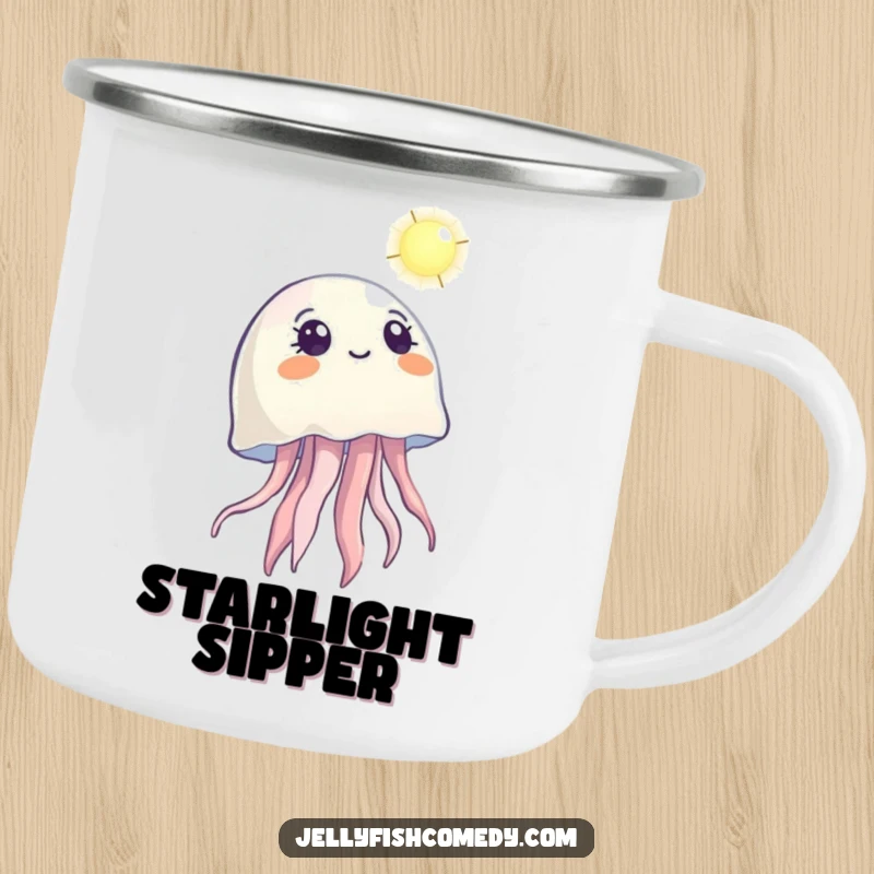 Funny camping mug featuring a jellyfish looking up with wonder at a distant light, perfect for drinks outdoors.