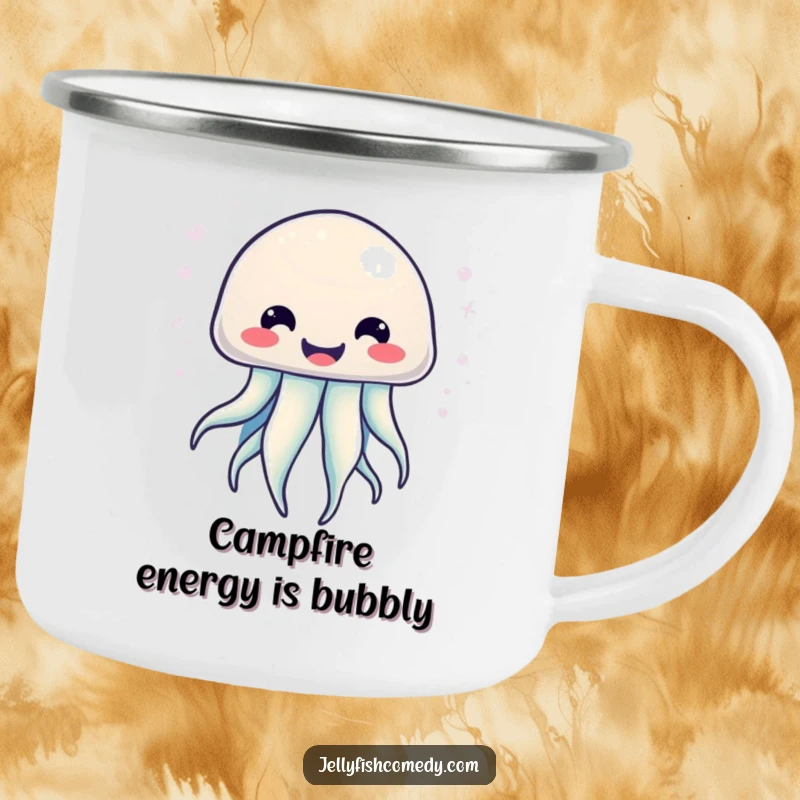 Funny Kawaii Jellyfish Camping Mug with a big smile, radiating bubbly energy, perfect for outdoor use.