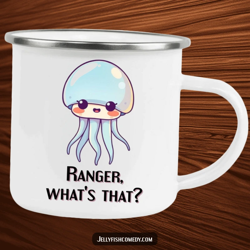 Funny Kawaii jellyfish camping mug with a comically surprised expression, perfect for enjoying drinks outdoors. Humorous and practical.