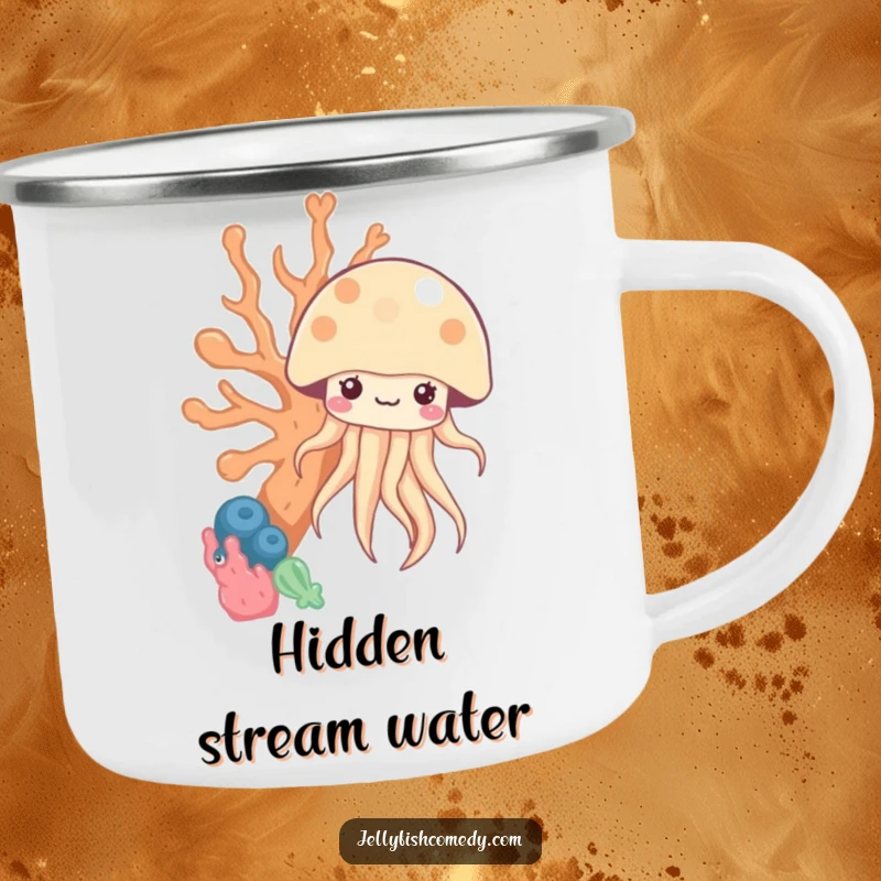 Funny kawaii jellyfish peeking from behind coral on a camping mug, perfect for humorous outdoor enjoyment.