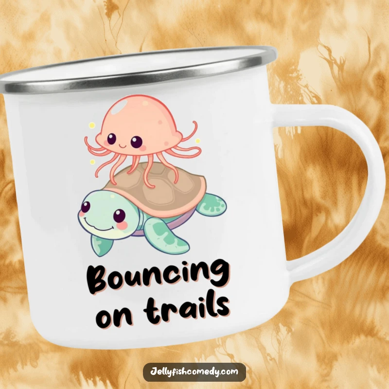 Funny jellyfish playfully bouncing off a friendly sea turtle, a humorous and sturdy camping mug.