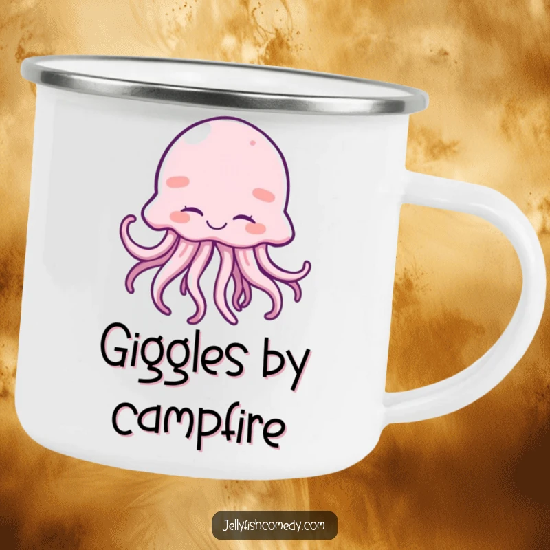 Funny camping mug depicting a happy jellyfish giggling with wiggling tentacles, perfect for cheerful mornings.