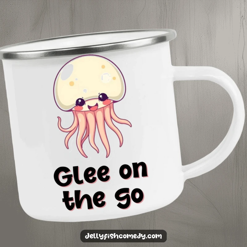 Funny Kawaii jellyfish camping mug featuring a giggling creature with wiggling tentacles, perfect for enjoying hot drinks outdoors. Humorous and practical.
