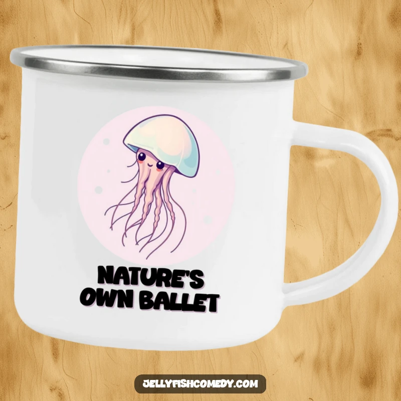 Funny camping mug decorated with a graceful jellyfish spinning in motion, perfect for enjoying beverages outdoors with a serene touch.