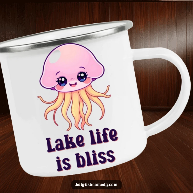 Funny Kawaii Jellyfish Camping Mug showing a happy floating jellyfish with bright eyes and flowing tentacles, perfect for outdoors.