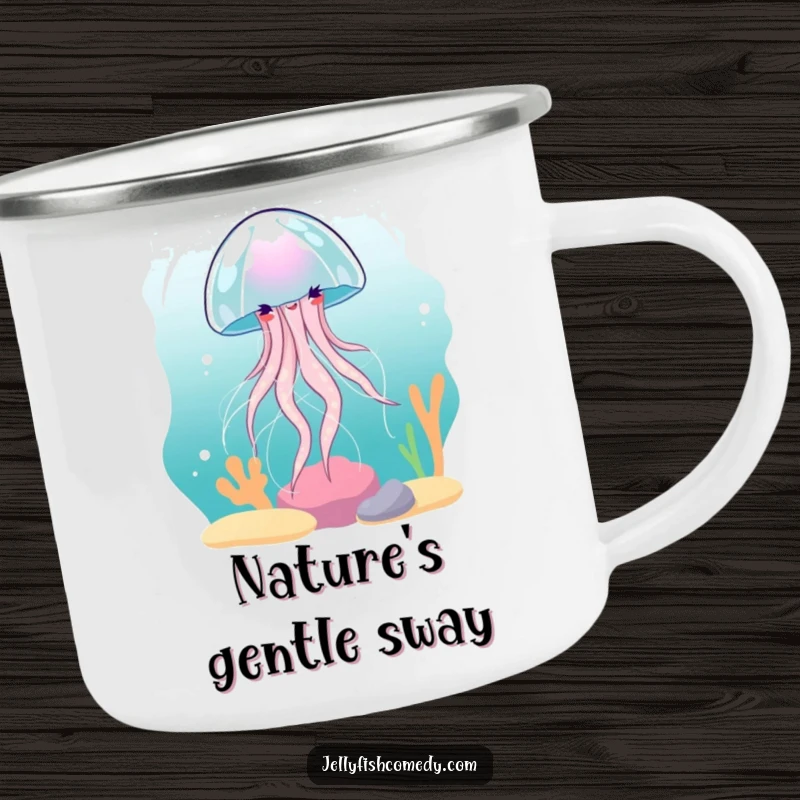 Funny Jellyfish Camping Mug: A sturdy mug featuring a funny jellyfish spinning in a current, ideal for outdoor enthusiasts.