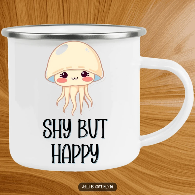 Funny camping mug with a shy jellyfish blushing brightly, perfect for enjoying warm drinks during outdoor adventures.