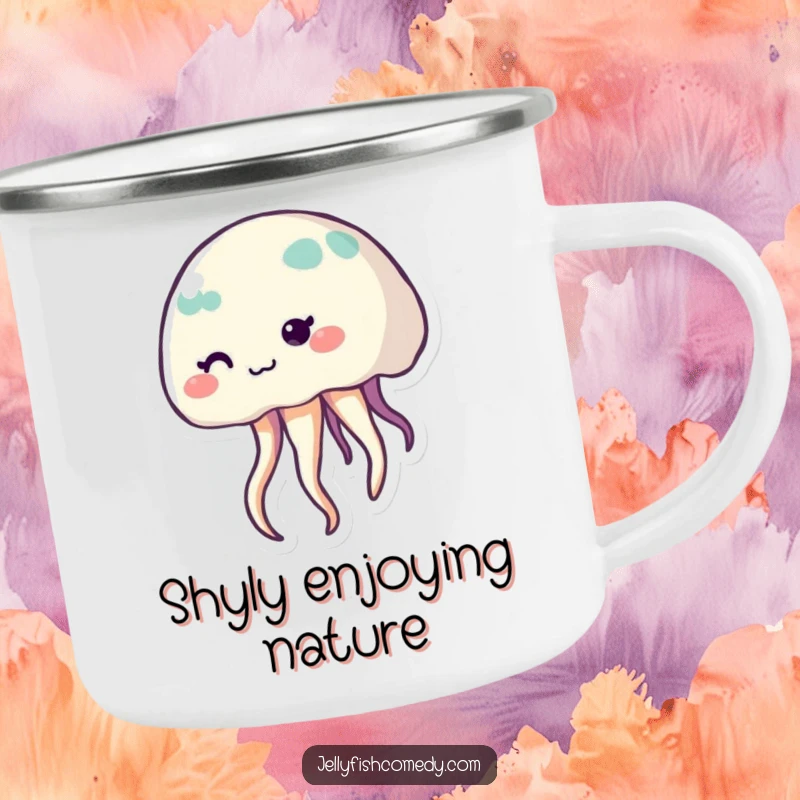 Funny shy jellyfish camping mug, a cute smiling sea creature with waving tentacles, perfect for outdoor brews.