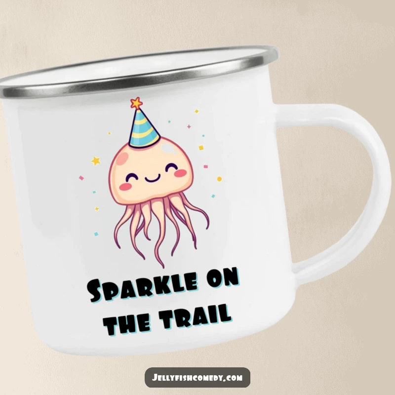 Funny jellyfish in a party hat with confetti, a rugged camping mug for outdoor humor.