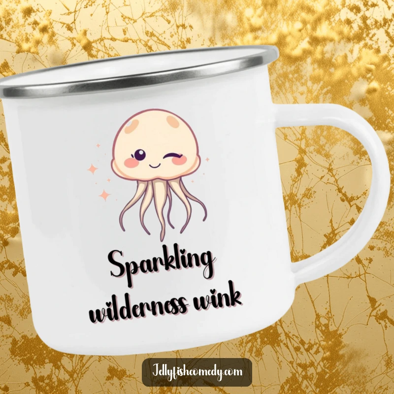 Funny Camping Mug: A jellyfish winks with one eye, trailing sparkles, ideal for enjoying drinks outdoors with mischievous humor.