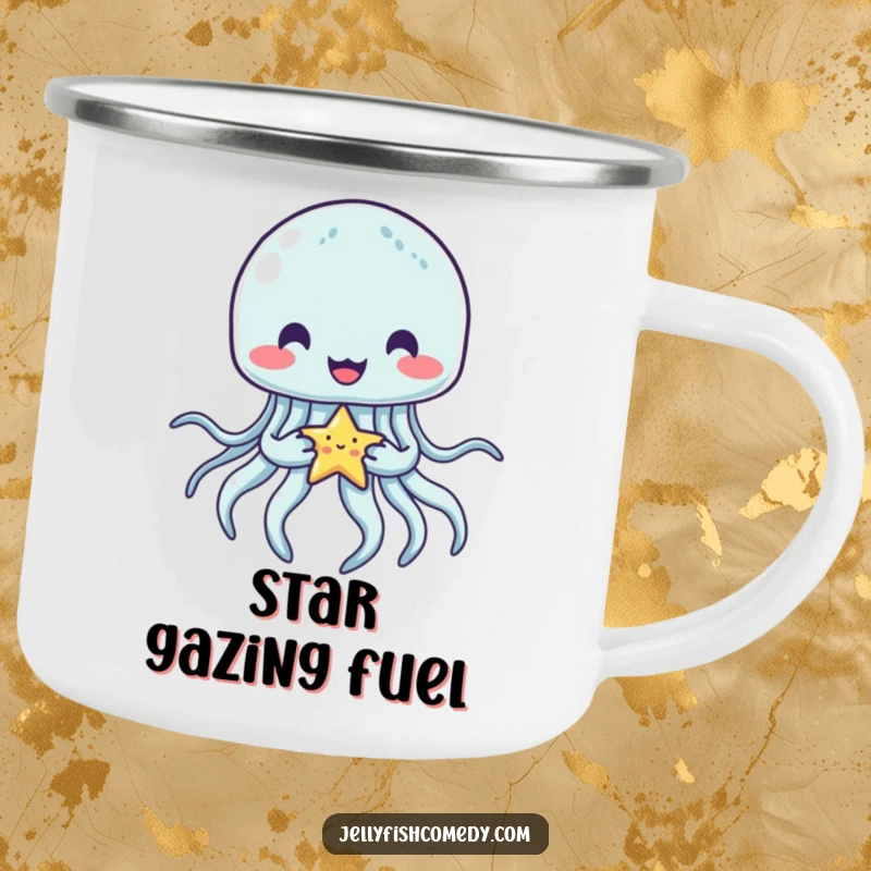 Funny jellyfish camping mug showing a happy jellyfish holding a tiny star with its tentacles, ready for outdoor enjoyment.