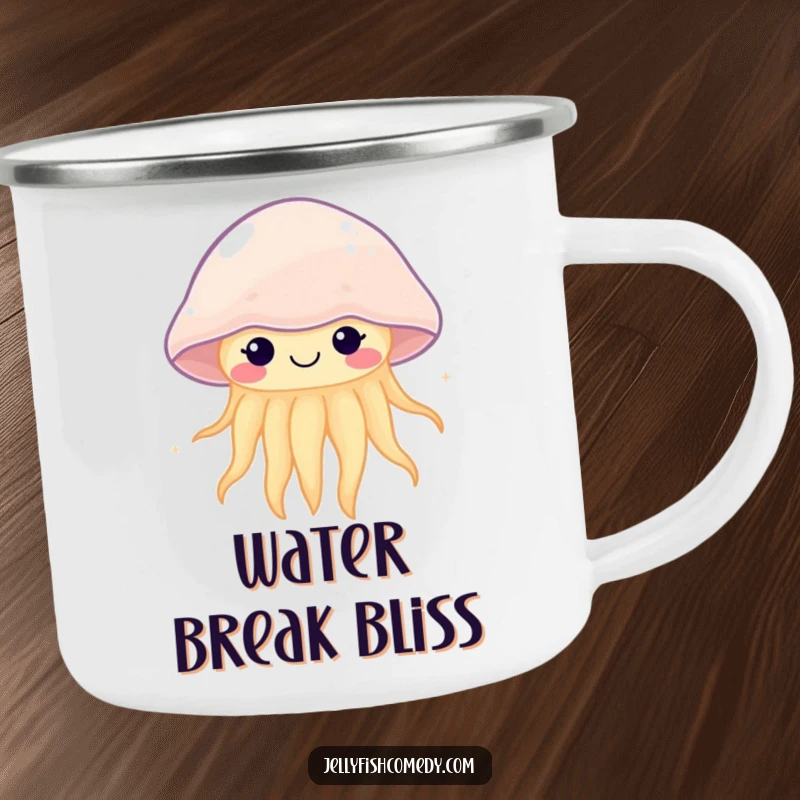 Funny kawaii jellyfish camping mug featuring a happy, gently pulsing sea creature, perfect for enjoying drinks outdoors.