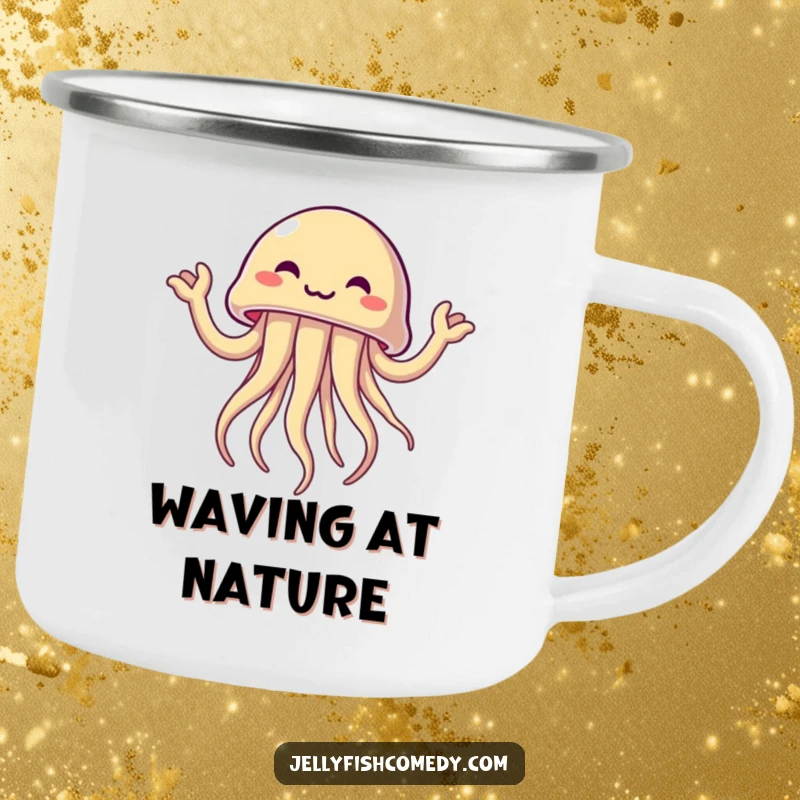 Funny jellyfish joyfully waving tentacle arms, a humorous and sturdy camping mug for cheerful adventures.