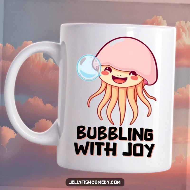 Funny grinning jellyfish mug art shows a happy jellyfish with a wide smile blowing a single, large, delightful bubble.