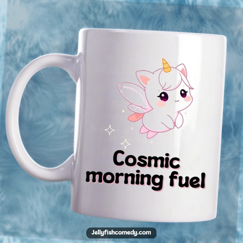 Funny mug with a small, ethereal creature trailing sparkling stardust, a magical and whimsical design perfect for fantasy lovers.