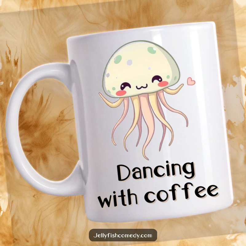 Funny jellyfish mug showing a whimsical jellyfish doing a silly dance with its tentacles swaying rhythmically, full of aquatic joy.