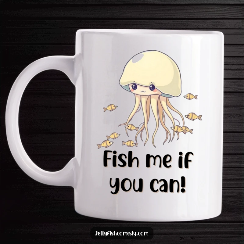 Funny Jellyfish Mug: A playful jellyfish is joyfully chasing tiny fish in a whimsical underwater game.