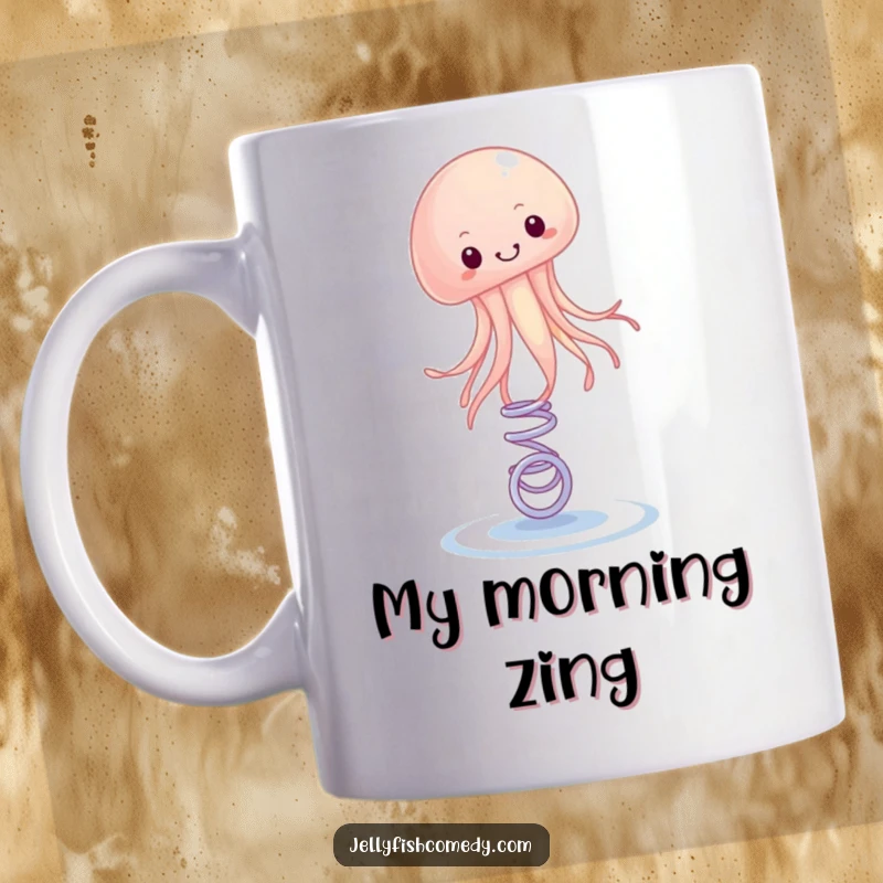 Funny Mug depicting a happy jellyfish boinging energetically on a small spring. This design is full of playful motion.