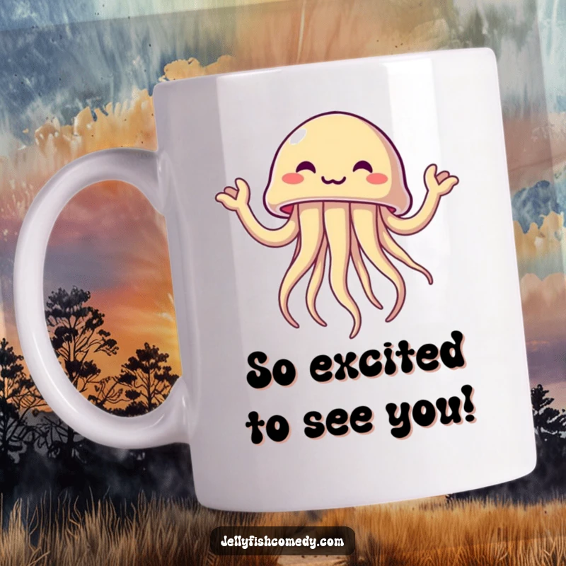 Funny jellyfish joyfully waving its tentacles like tiny arms, expressing excitement, a humorous mug for cheerful people.