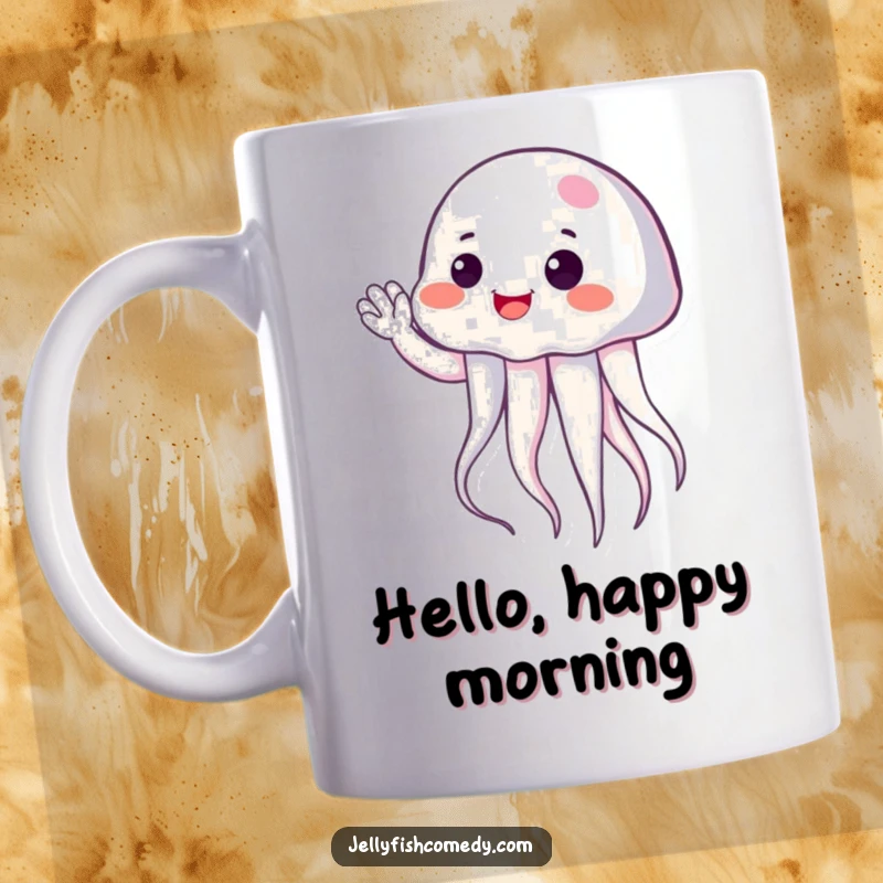 Funny jellyfish with a cheerful expression giving a gentle wave, perfect for a friendly and humorous mug.