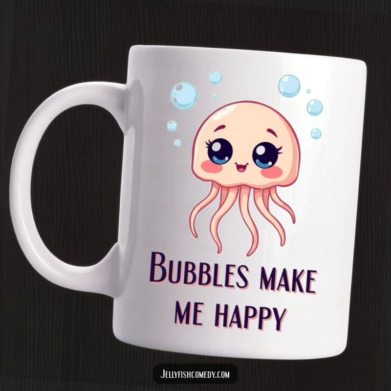 Funny mug showing a big-eyed jellyfish giggling joyfully amidst rising bubbles, bringing cheerful ocean vibes.