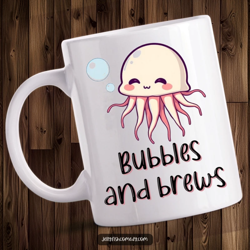 Funny Jellyfish Mug: A comical jellyfish with a funny expression blows a large, transparent bubble.