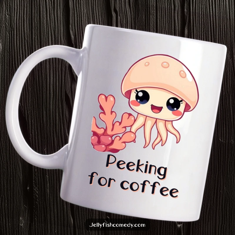 Funny jellyfish mug, wide happy eyes peeking from behind coral, capturing a moment of cute, playful underwater discovery.