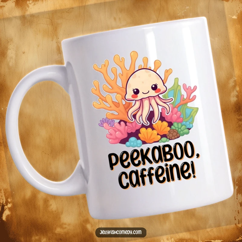 Funny Jellyfish Mug: A cute jellyfish peeks from behind colorful coral, offering a cheerful underwater surprise.