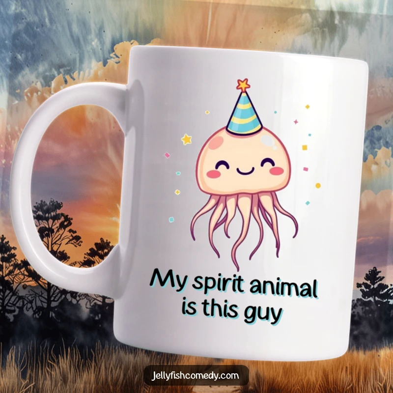 Funny jellyfish wearing a tiny party hat, celebrating with confetti, perfect for a hilarious coffee mug gift.