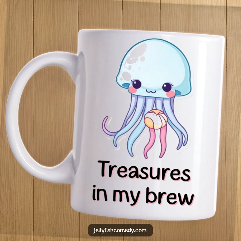 Funny jellyfish mug, a sea creature gently holding a tiny seashell with its tentacles, evoking a sense of calm and wonder.