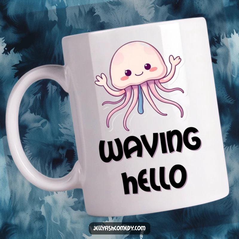 Funny jellyfish mug with trailing tentacles cheerfully waving, offering a friendly underwater greeting with a joyful expression.