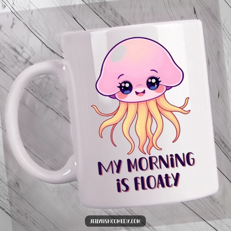 Funny Kawaii Jellyfish Mug featuring a cute jellyfish with bright eyes and flowing tentacles, happily floating.