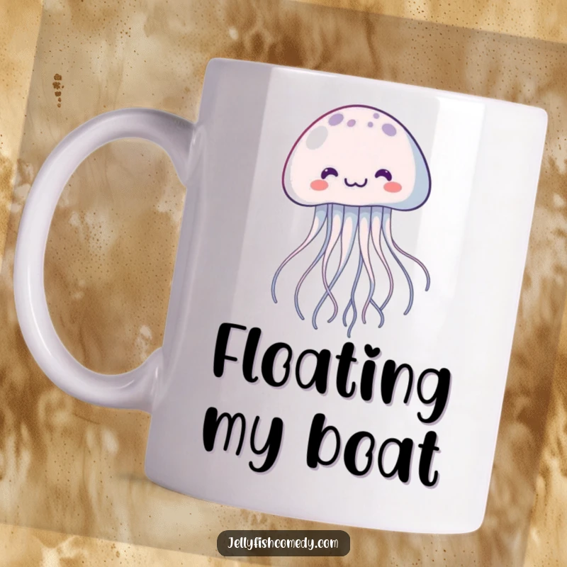 Funny kawaii jellyfish mug, with trailing tentacles, joyfully floating upwards, depicting a cute, whimsical underwater creature.