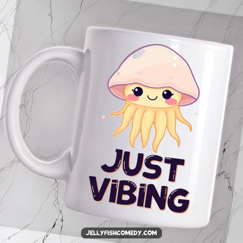Funny kawaii jellyfish mug featuring a smiling, cute sea creature gently pulsing with a happy expression in blue water.