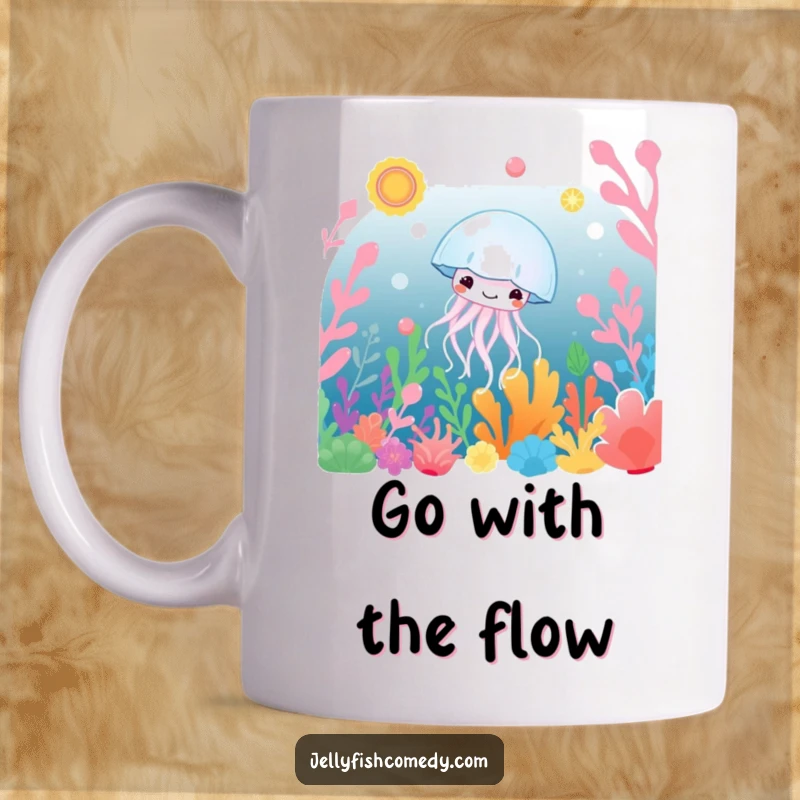 Funny Mug featuring a happy jellyfish serenely drifting amongst vibrant, colorful underwater plants, evoking peaceful humor.
