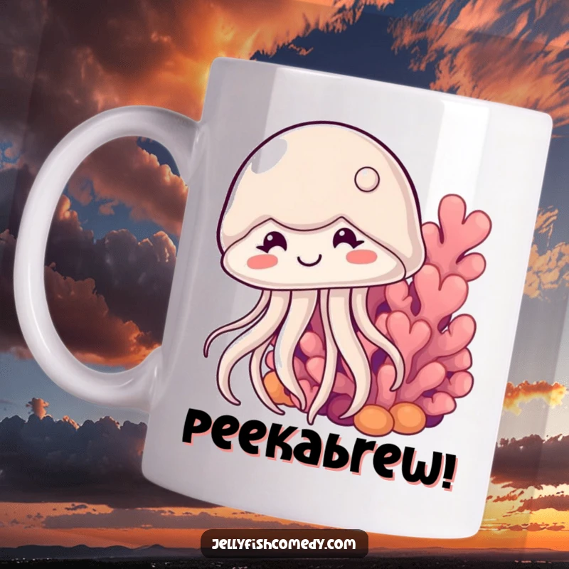 Funny shy jellyfish mug art shows a cute jellyfish smiling bashfully while peeking from behind a vibrant coral reef.