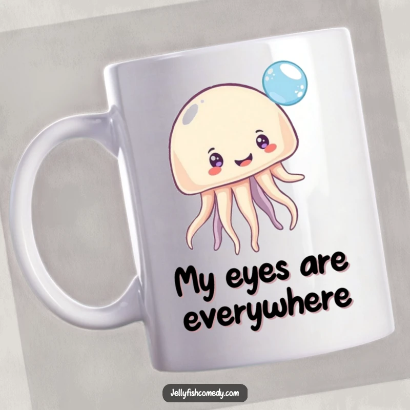 Funny Mug featuring a whimsical jellyfish with many smiling eyes, playfully bouncing a shimmering bubble, radiating pure happiness.