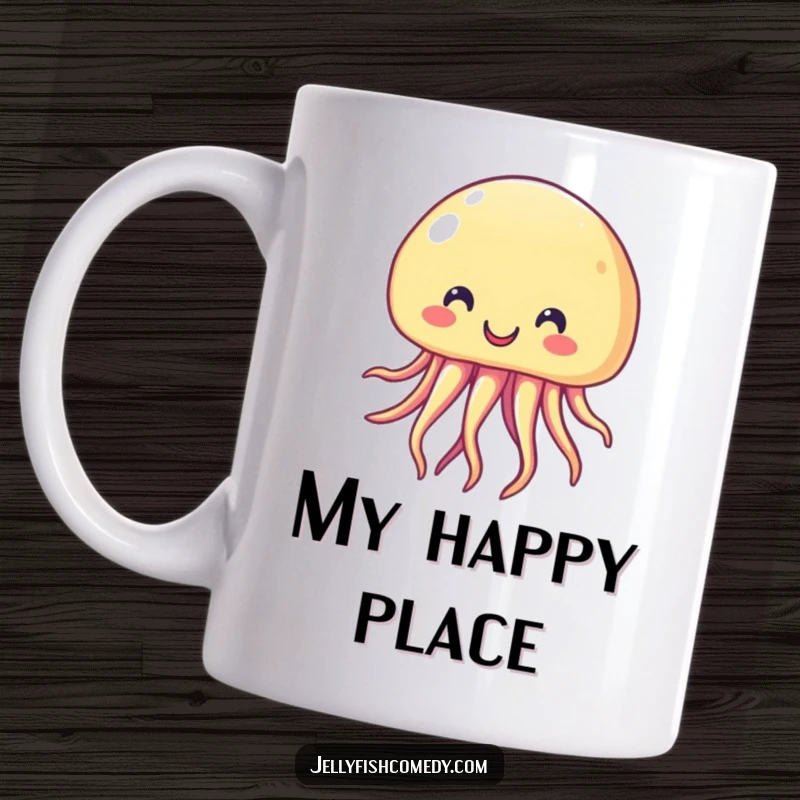 Funny Mug featuring a beaming, happy jellyfish floating with a cheerful smile. This design brings oceanic joy and laughter.