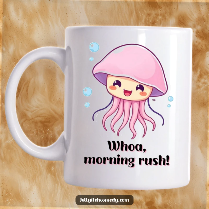 Funny surprised jellyfish mug, showing a sea creature with a happy, wide-eyed expression, being carried by a current.