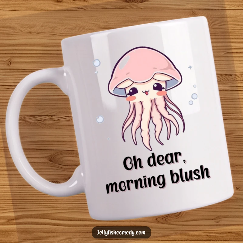 Funny surprised jellyfish mug art shows a cute jellyfish blushing deeply while caught in a gentle ocean current.