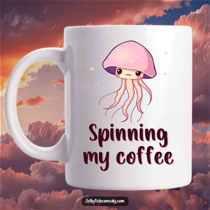 Funny Mug depicting a jellyfish gracefully twirling and spinning in the water. This design captures fluid elegance.