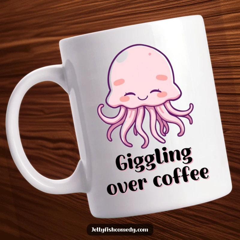 Funny mug featuring a happy jellyfish giggling blissfully with eyes shut and tentacles wiggling.