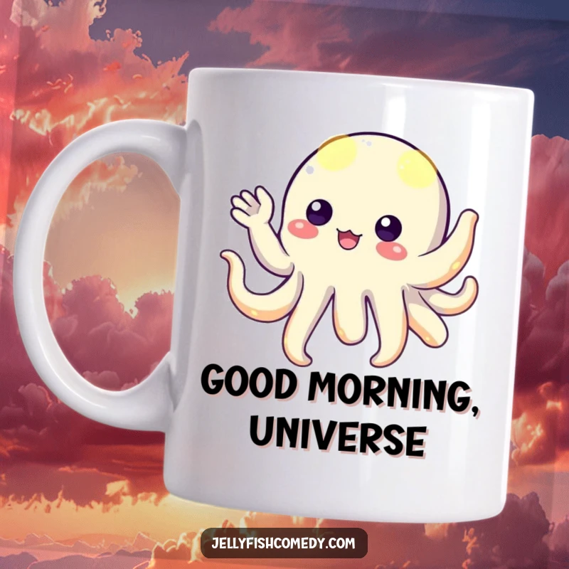 Funny floating creature with luminous, glowing tentacles, playfully waving a friendly hello from the depths, a whimsical design.