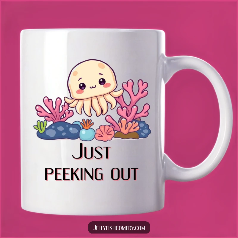 Funny Jellyfish Coral Mug: Curious Ocean Peek, Unique Funny Gift for Sea Lovers
