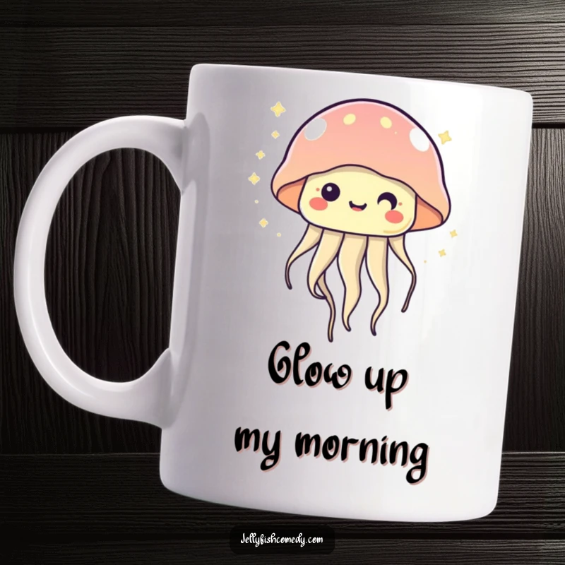 Kawaii jellyfish mug showing a cute jellyfish happily floating and twinkling, radiating joy and charm from the ocean depths.
