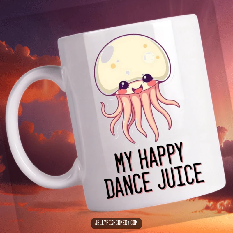 Funny Kawaii jellyfish mug with a big grin, wiggling its colorful tentacles in pure, unadulterated glee. A hilariously happy sea creature.