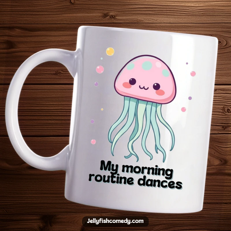 Funny Kawaii Jellyfish Mug featuring a jellyfish with tentacles dancing in a lively pattern, full of energy.