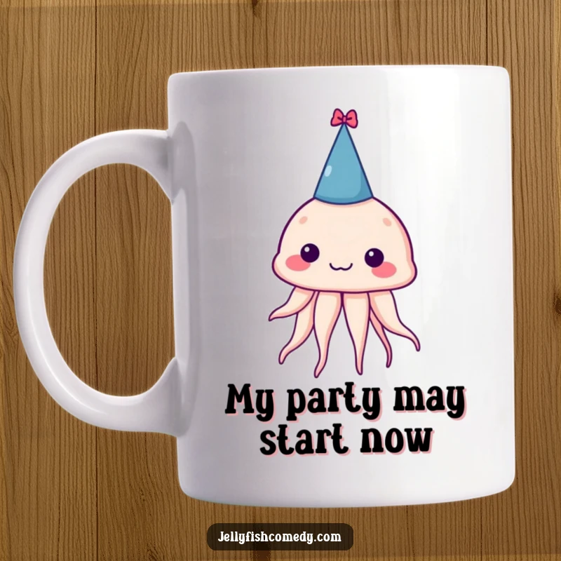 Funny mug showing a silly jellyfish wearing a tilted tiny party hat, emanating pure joy and party vibes.