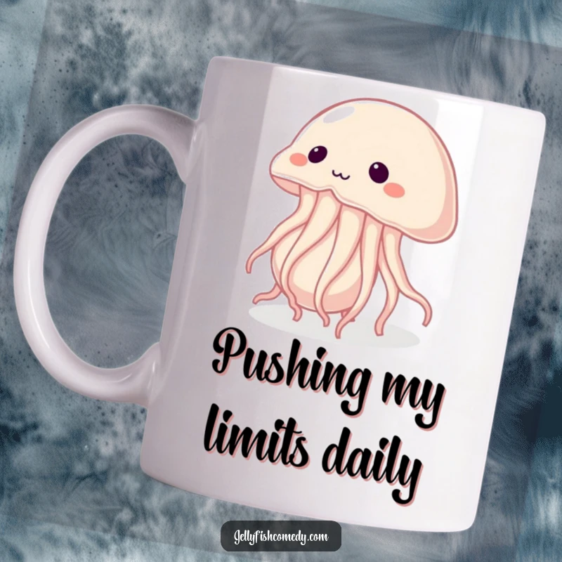 Funny mug showing a determined jellyfish exerting effort to push a huge pearl, symbolizing perseverance and strength.